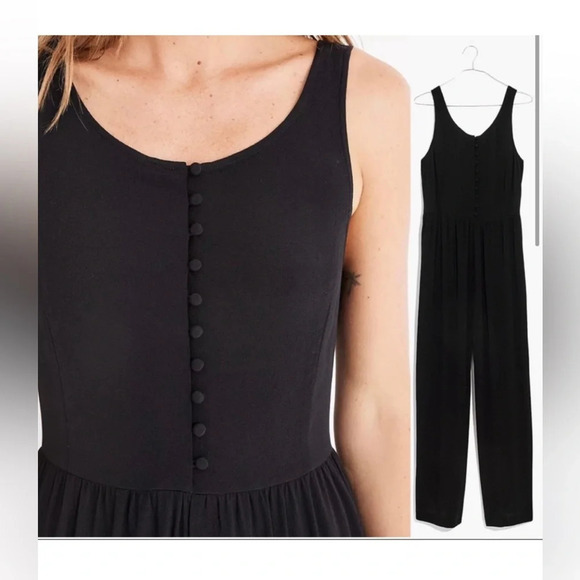Madewell Smocked Button-Front Crop Jumpsuit size 2 color Black - Picture 4 of 11